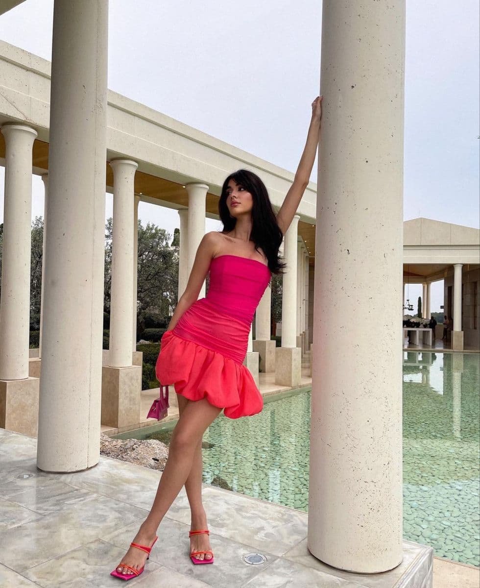 Coral Lace Appliqué Bubble Hem Dress