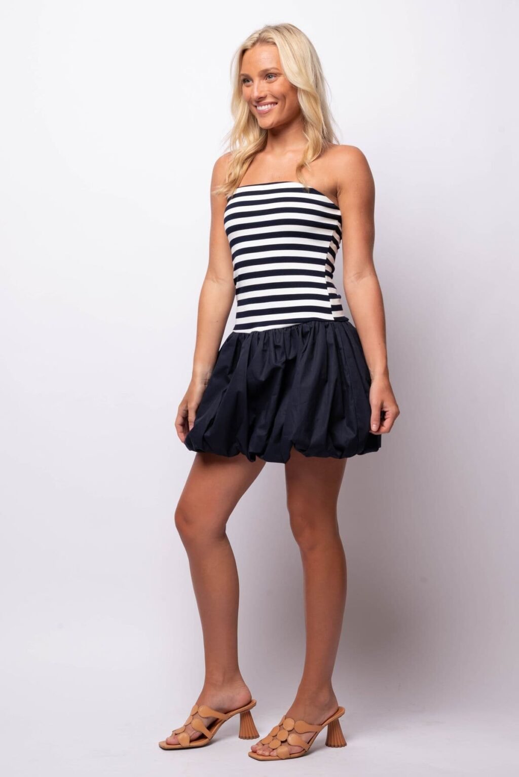 Navy Striped Dress with Bubble Hem
