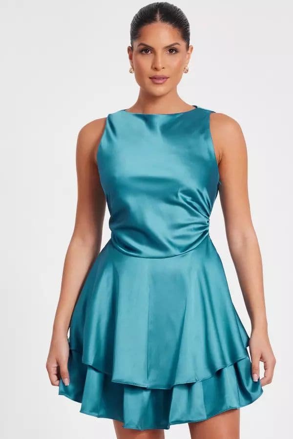 Teal Satin Ruffled Bubble Hem Dress